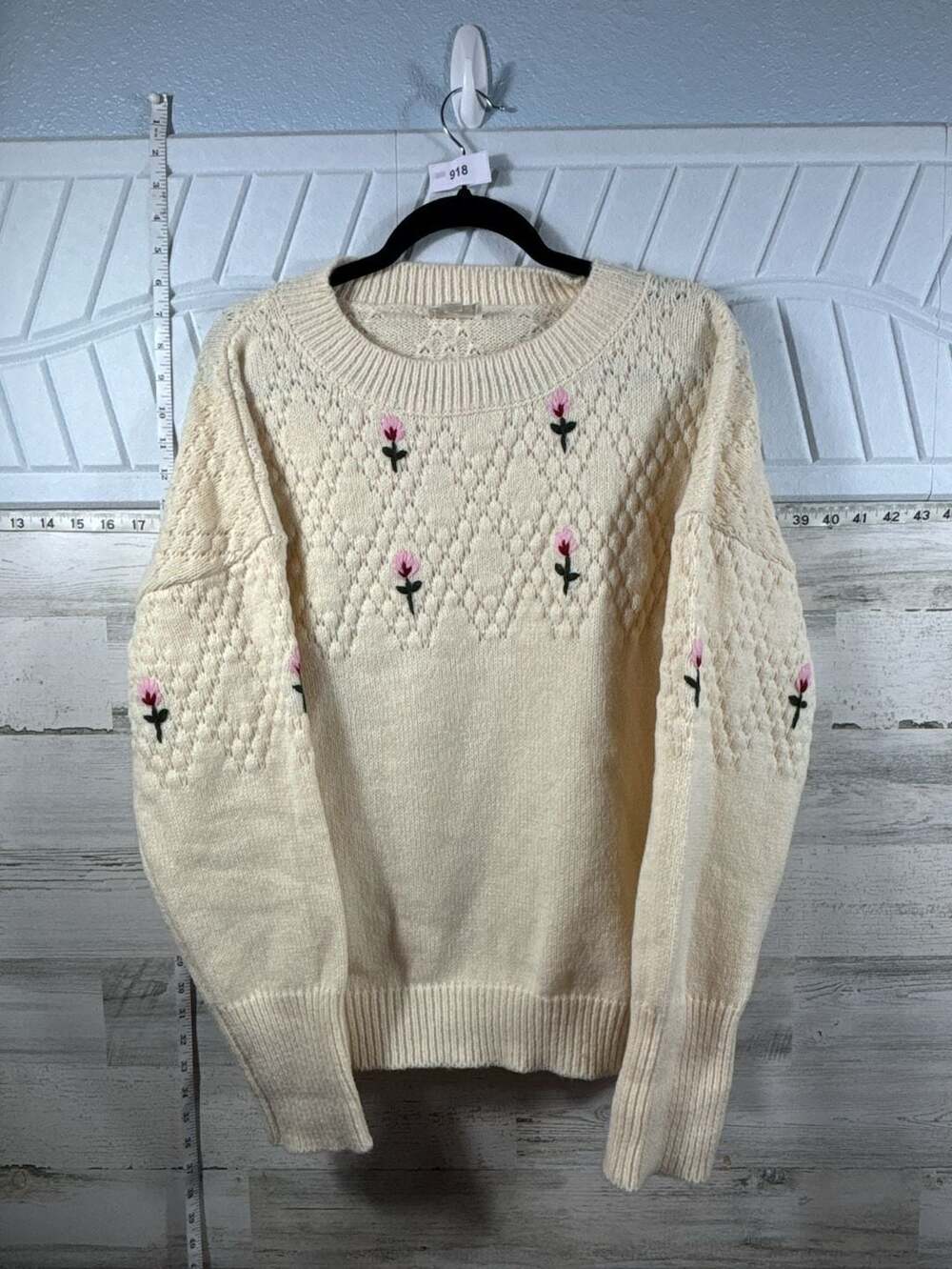 BiB! Ivory Textured Knit Pullover Sweater with Floral Embroidery Size L